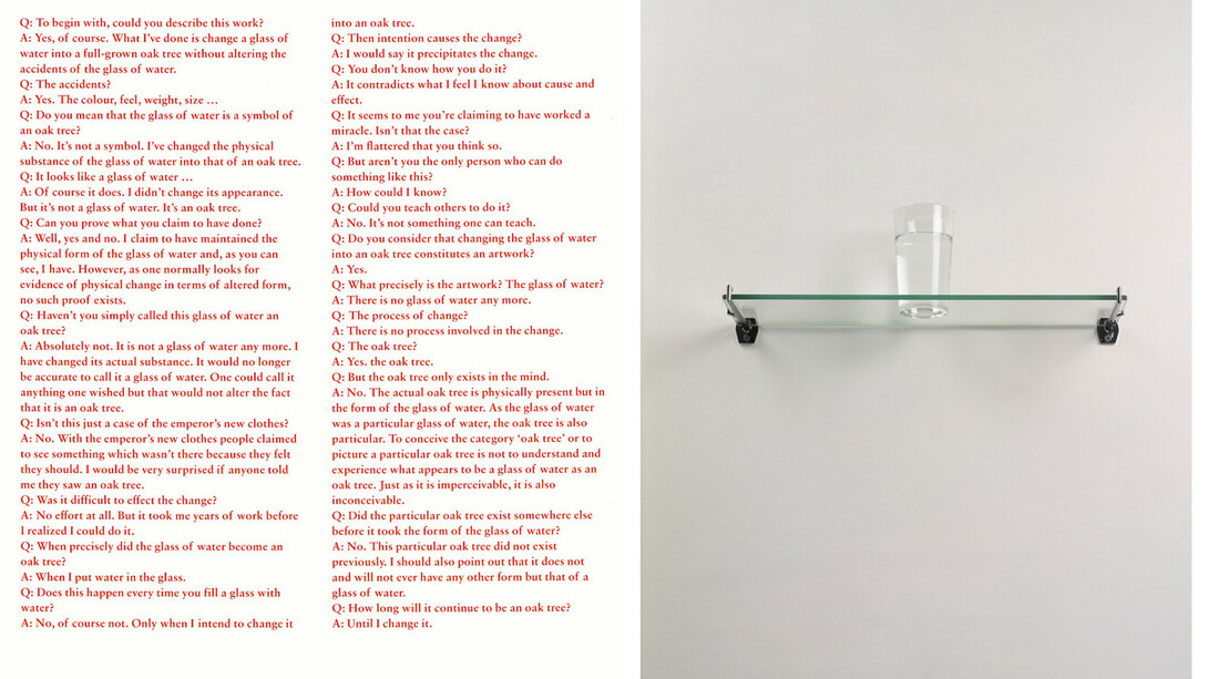 Michael Craig-Martin, An Oak Tree, 1973, Glass, water, shelf and printed text, 5 7/8 x 18 1/8 x 5 1/2 inches  (15 x 46 x 14 cm) © Michael Craig-Martin. Courtesy of the artist and Gagosian Gallery