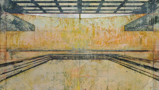 Harry Adams, Chaos of super-thinking at the modernist ruin, detail, oil characoal and beeswax encaustic on cotton covered boards, 122 x 244 cm 