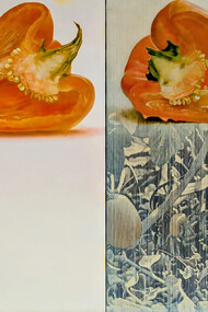 Rafael Luis Armengol Machí "Pebrot partit" (Catalan for "Split Pepper") (1985) by the Oil on canvas, presented as a diptych (two panels). 162 x 260 cm (approximately 63.8 x 102.4 inches). Contemporary art collection at the Museo de Arte Contemporaneo de Alicante (MACA) in Alicante, Spain