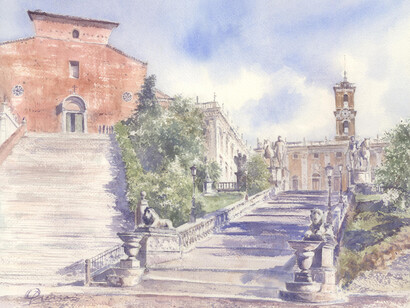 La Cordonata verso il Campidoglio e scalinata verso la Basilica dell’Ara Coeli (acquerello di Giampiero Pierini, 2018)