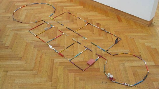 Mark Manders, Inhabited for a Survey (First Floor Plan from Self-Portrait as a Building), 1986, writing materials, erasers, painting tools, scissors, 8 x 267 x 90 cm, Courtesy the artist; Tanya Bonakdar Gallery, New York; Zeno X Gallery, Antwerp