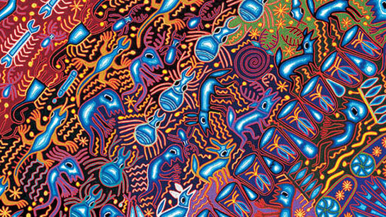 José Benítez Sánchez, "Nierika  and  Tukari (The Gifts of Vision and Life)" (detail), 2005. Yarn on wood. Artes de México collection.