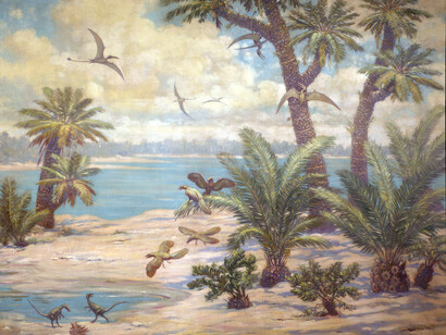 Archaeopteryx, Compsognathus e Rhamphorhynchus. Gli uccelli sono comparsi in un mondo ancora dominato dai rettili. Germania, Mesozoico, Giurassico inferiore