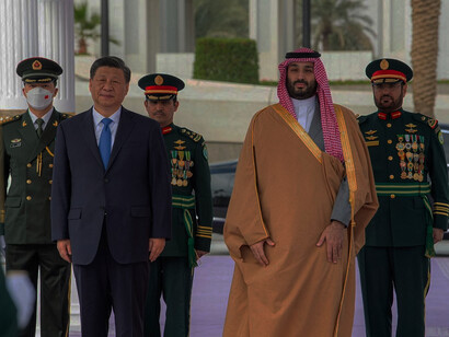 Saudi Crown Prince Mohammed Bin Salman stands with Chinese President Xi Jinping in Riyadh, Saudi Arabia Dec 8, 2022