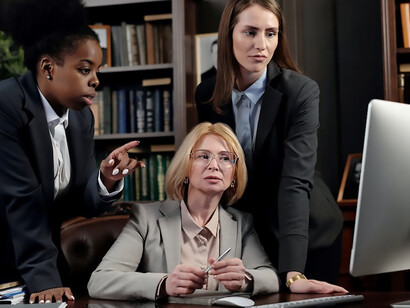 Attorneys in sharp suits collaborate diligently, immersed in legal work within a professional setting