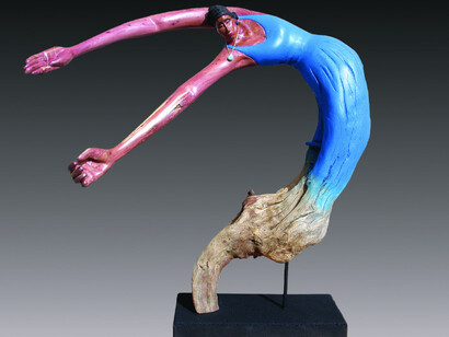 "Dress Rehearsal" by Bernie Houston, Carved driftwood with acrylic, light varnish and wax finish, 31" x 30" x 14", $3,000.