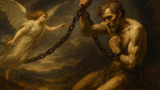 A symbolic artwork of the human struggle with chains of desire and fear, reaching toward transcendence and the fragile possibility of freedom