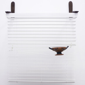 Cammie Staros, Shadow Side, Ceramic, wood, blinds, 48" x 18" x 64". Courtesy of the Artist and Ghebaly Gallery, Los Angeles