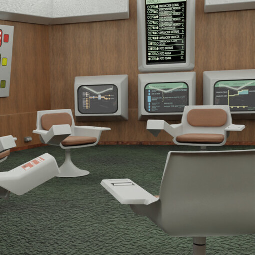 Imagen generada por computadora del cuarto de operaciones del proyecto CyberSyn
