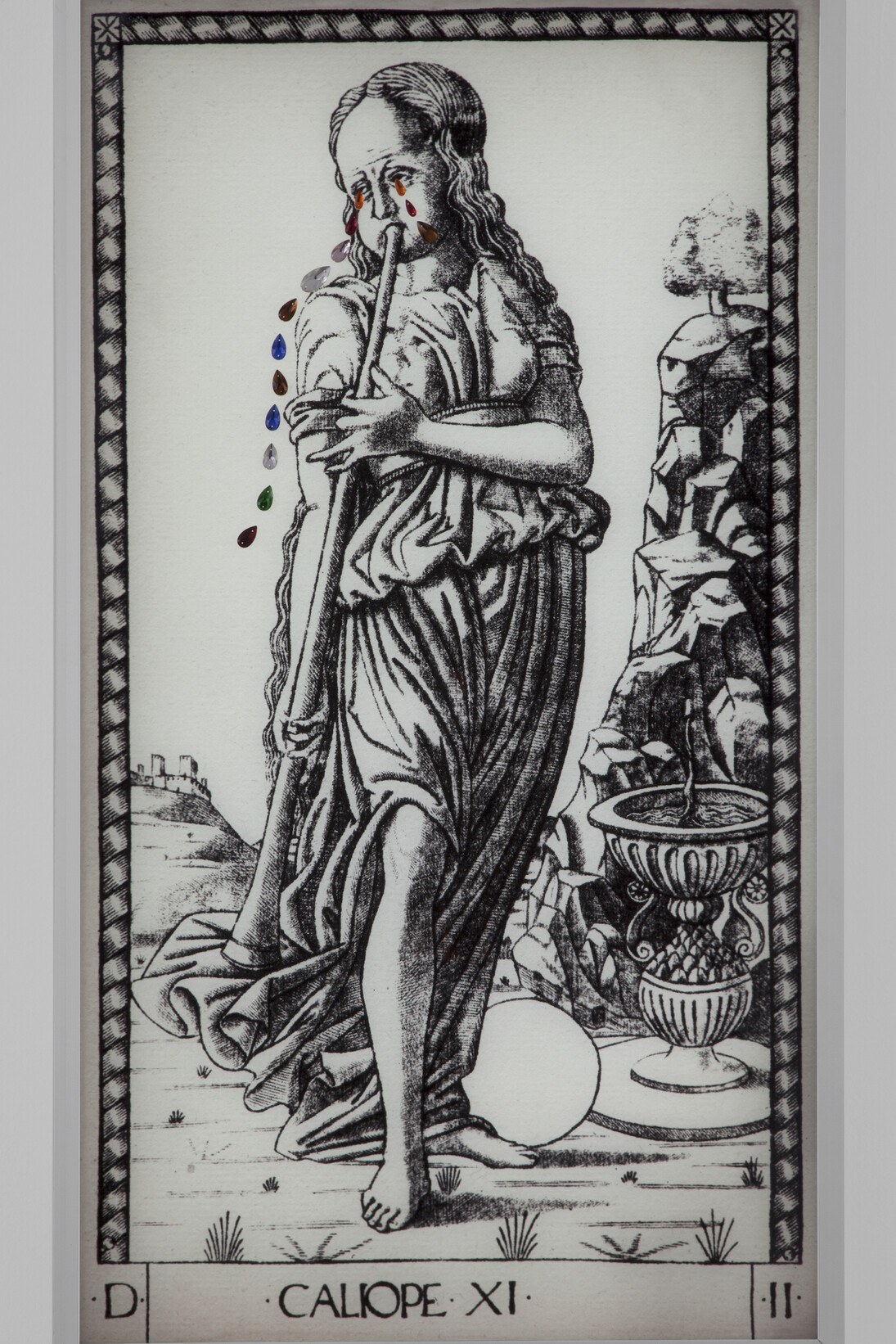 Francesco Vezzoli, Metamorfosi: The Crying Muses (After Mantegna's tarot cards), Caliope,
2015,
LED light-boxes, rhinestones,
9 pieces, each 100 x 55 x 8 cm
