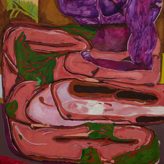 Marisa Takal, Clindamycin 8 am 1 out of 3, Also 1 out of 5,000 Oh, How Lucky, 2017, oil on canvas, 75 x 70 in (190.5 x 177.8 cm). 