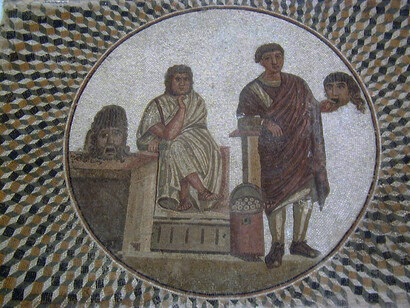 Teatro con maschere in un mosaico di Sousse, Tunisia