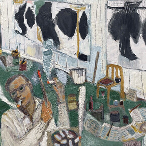 Matthew Collings, Self portrait as male and female painter Helen and Bob, 2025. Courtesy of Charlie Smith London