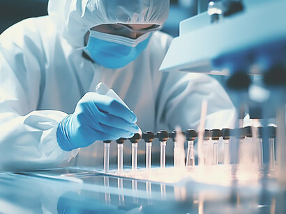 A skilled female laboratory professional dedicated to the development and production of vaccines in her workspace