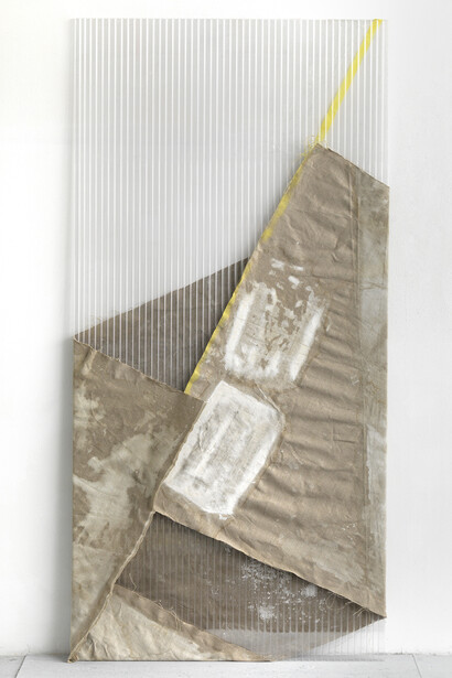 Christina Michalis, Untitled, 2011, watercolour, spraypaint on canvas, polycarbonate, colored transparent tape, 200 x 98 cm