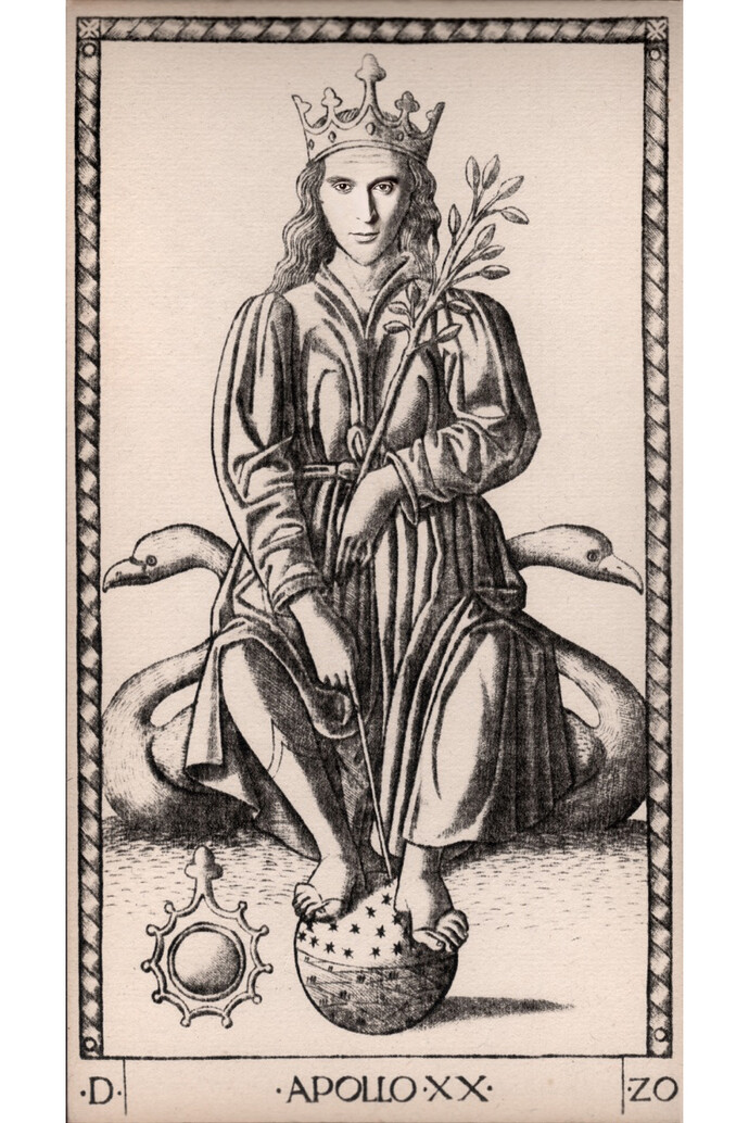 Francesco Vezzoli, Metamorfosi: The Crying Muses (After Mantegna's tarot cards), Apollo,
2015,
LED light-boxes, rhinestones,
9 pieces, each 100 x 55 x 8 cm
