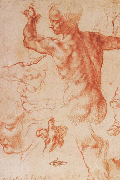 Michel-Ange (Michelangelo Buonarroti), Étude pour la sybille de Lybie de la Chapelle Sixtine, vers 1510-1511, détail. Craie rouge, 28,9 x 21,4 cm. The Metropolitan Museum of Art, New York. 