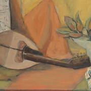 Alma Woodsey Thomas, (American, 1891–1978), Still Life with Mandolin, 1950s, Oil on Masonite, 19 7/8 x 35 1/4 inches. The Johnson Collection, Spartanburg, South Carolina