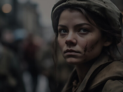 In the lens' focus stands a woman, her war-wounded countenance telling a story of resilience and fortitude as she locks eyes with the camera