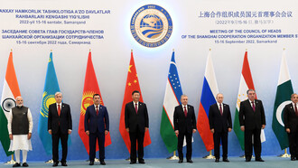Leaders of (from left) India (Prime Minister Narendra Modi), Kazakhstan (President Kassym-Jomart Tokayev), Kyrgyzstan (President Sadyr Japarov), China (General Secretary Xi Jinping), Uzbekistan (President Shavkat Mirziyoyev), Russia (President Vladimir Putin), Tajikistan (President Emomali Rahmon) and Pakistan (Prime Minister Shehbaz Sharif) at the 22nd Meeting of the Council of Heads of State of the Shanghai Cooperation Organization (SCO), in Samarkand, Uzbekistan on September 16, 2022