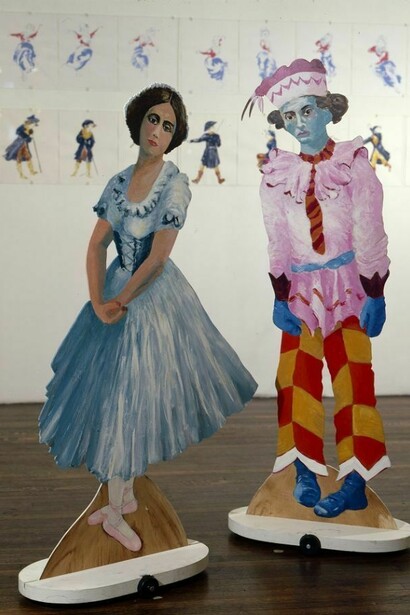 Two puppets from the performance Before the Revolution, 1979. Paint on Masonite. Courtesy the, artist and Ronald Feldman Fine Arts