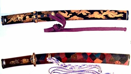 Top: Hardwood sacred beast motif in gold color, Edo period; bottom: multi-painted wooden sheath for a small sword © Japanese Sword Museum