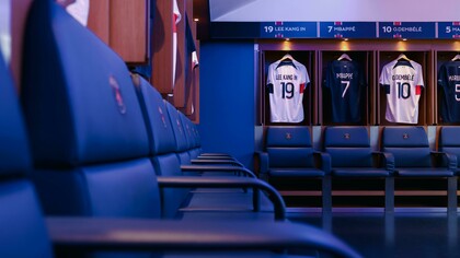 Inside a professional football locker room in Paris, Île-de-France, France