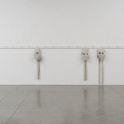 James Crosby, the Garrett Morgan safety hood allowing the wearer to breathe in a hostile environment, 2015, fabricated coat/hat rack, heavy canvas, polycarbonate welding lenses, 58 × 288 × 6in. (147.3 × 731.5 × 15.2cm). Courtesy of the artist and team (gallery, inc.), New York.