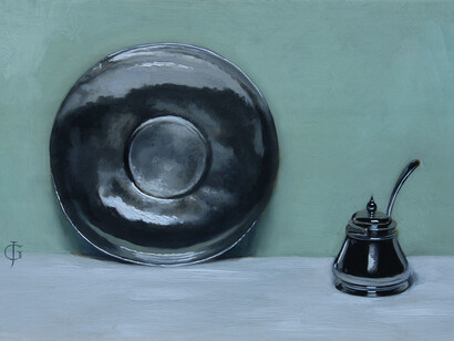 James Gillick, Silver Plate and Mustard Pot, Signed, Oil on wood braced with brass, 8.03 x 12.13ins (20.4 x 30.6cm) © James Gillick
