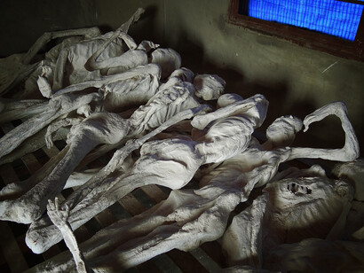 Exhumed remains of genocide victims displayed in a schoolroom at the Murambi Genocide Memorial Site near Gikongoro, Southern Rwanda