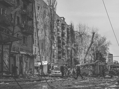 A Ukrainian house was obliterated and set ablaze by Russian airstrikes