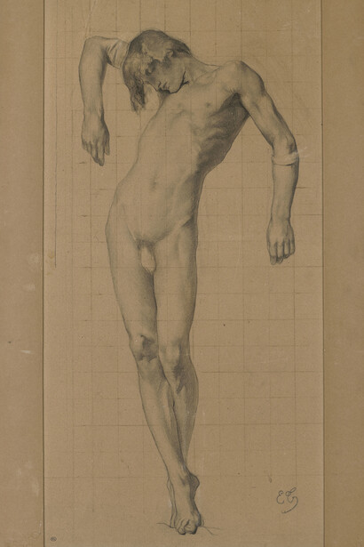 Eugène Thirion (1839-1910), Jeune homme nu, debout, soutenu par les bras Estompe, fusain, 58 x 29 cm, Paris, musée d’Orsay, RF 36054, recto, © RMN-Grand Palais (Musée d’Orsay) / Adrien Didierjean