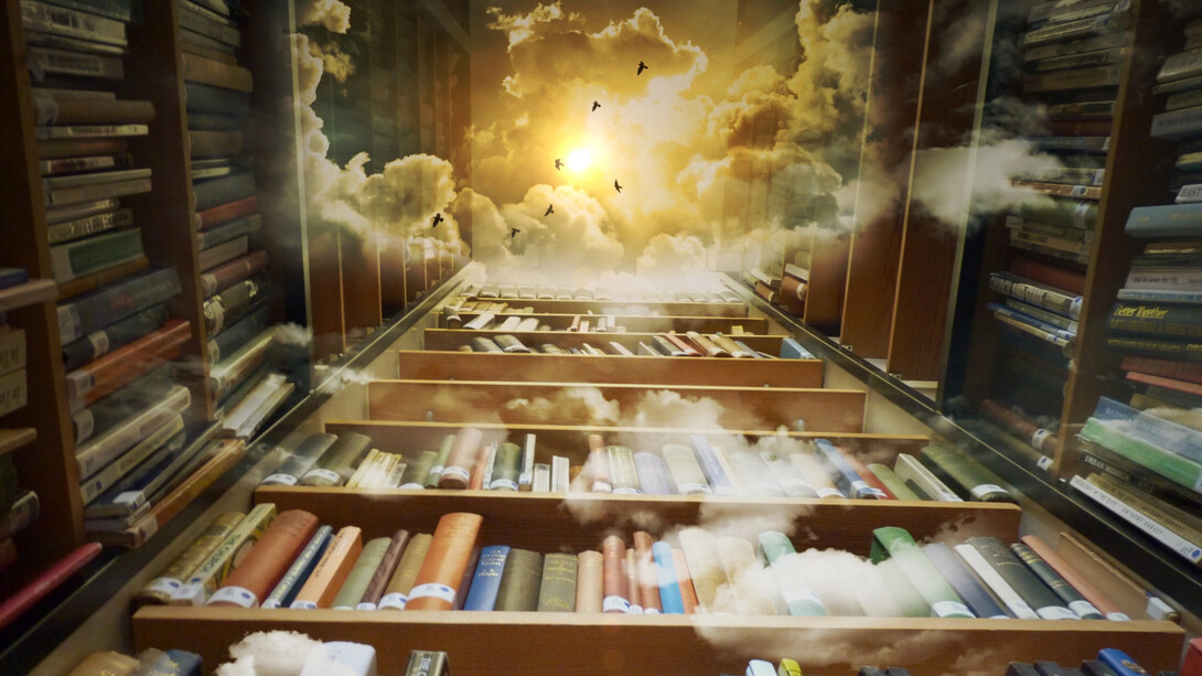 Shelves of books that extend into the sky