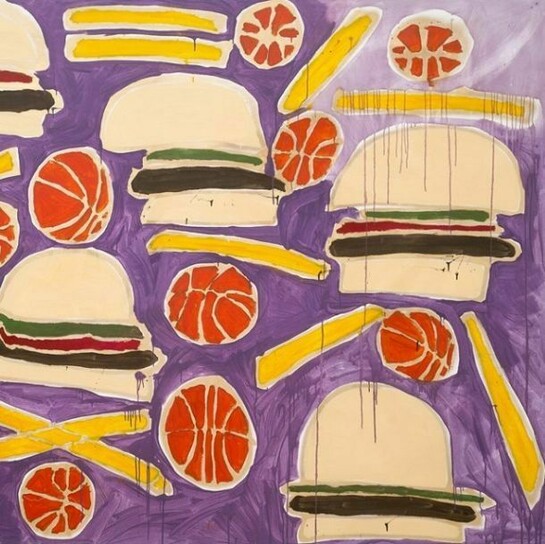 Katherine Bernhardt, Hamburgers (detail), French fries, and Basketballs, 2013, Acrylic and spray paint on canvas, 120 x 96 in