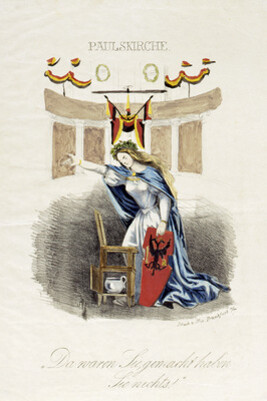 Germania in der Frankfurter Paulskirche: "Da waren sie – gemacht haben sie nichts." Satirischer Kommentar auf das Parlament 1848 Alfons von Boddien (1802 1857) 1848 Frankfurt Lithografie, koloriert 34,8 x 28 cm