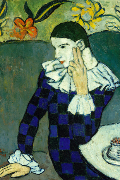 Pablo Picasso, Seated Harlequin (detail), 1901. Oil on canvas, lined and mounted to pressed cork, 33 3/4 × 24 1/8 inches (85.7 × 61.3 cm) Metropolitan Museum of Art, New York, Purchase, Mr. and Mrs. John L. Loeb Gift, 1960. © 2023 Estate of Pablo Picasso/Artists Rights Society (ARS), New York. Photo: © Metropolitan Museum of Art/Licensed by Art Resource, New York. Courtesy Metropolitan Museum of Art, New York, and Gagosian