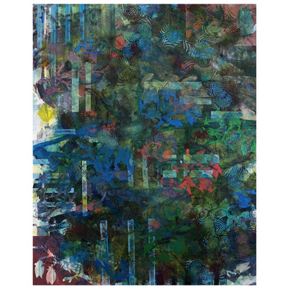 Lisa Petker-Mintz, Spring Into the Night, printed paper and acrylic on canvas, 60x40 inches. Courtesy of the artist and The Painting Center