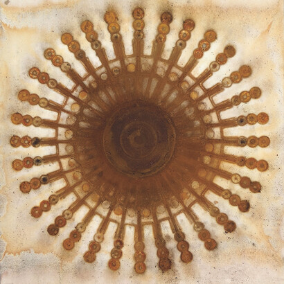 Jeffrey Allen Price, Sound Wave Mandala, 2014, rust on cloth on board, 24 x 24 inches