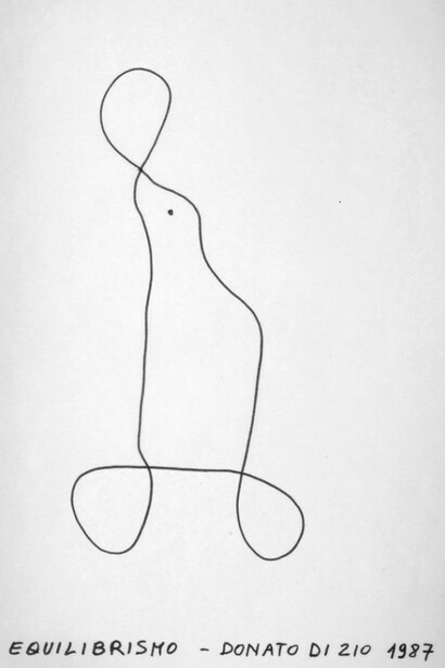 Donato Di Zio: _Equilibrismo_, 1987; Schwarzer Kugelschreiber auf Papier, 22,1 x 14,1 cm.  
