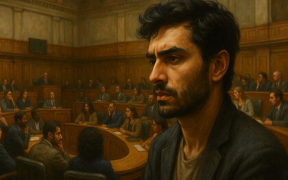 A man sits in quiet reflection as a symbolic parliament unfolds behind him—each figure representing the many voices, conflicts, and negotiations within the human mind