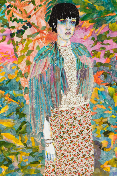Maria Berrio. The Nightingale 2 (2017), collage w/ Japanese paper on canvas, 60” x 48”