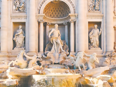 Capturing the enchanting details of the Trevi Fountain, a symbol of romance and wishes, amidst the bustling streets of Rome, Italy