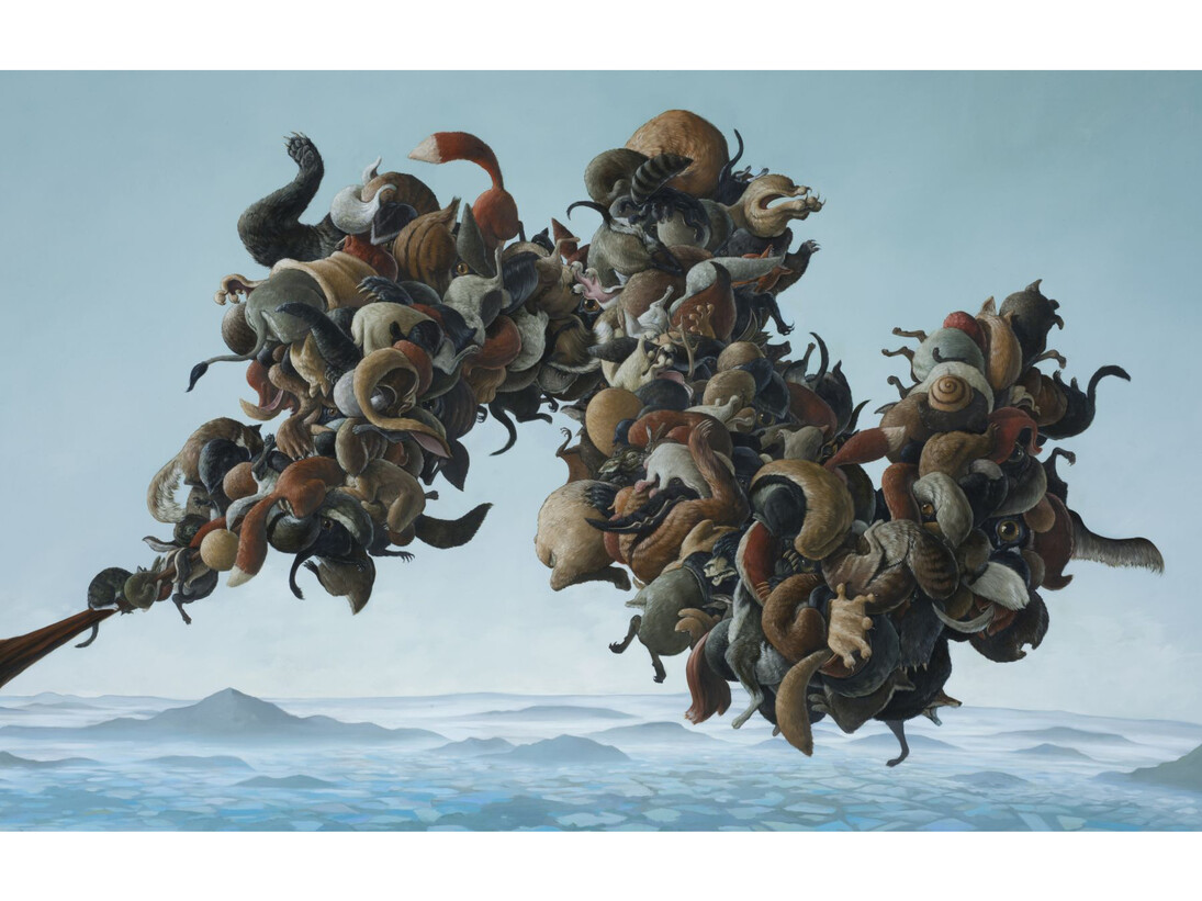 Erik Thor Sandberg, Toehold (detail), 2015, oil on curved panel, 36.25 x 71.25 inches.