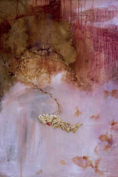 Silvia Canton, AMO, dettaglio, tecnica mista su tela con inserto in sughero trattato con foglia simil oro, 2019