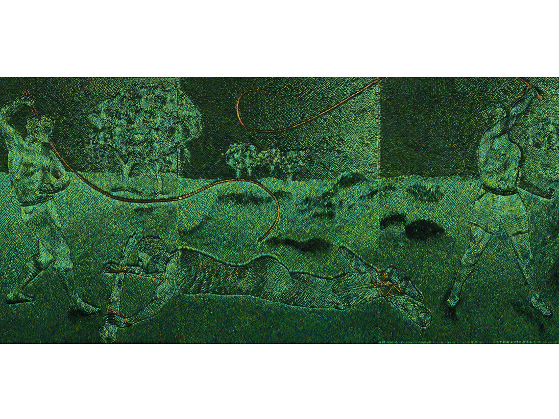 Jan Fabre, The Belgian Blacks Know the Clack of the Whip, 2013, Elytres de coléoptères sur bois / beetle elytra on wooden panel, 227,5 x 519 cm, 89 5/8 x 204 in. unique, Courtesy Galerie Daniel Templon, Paris. © Angelos bvba