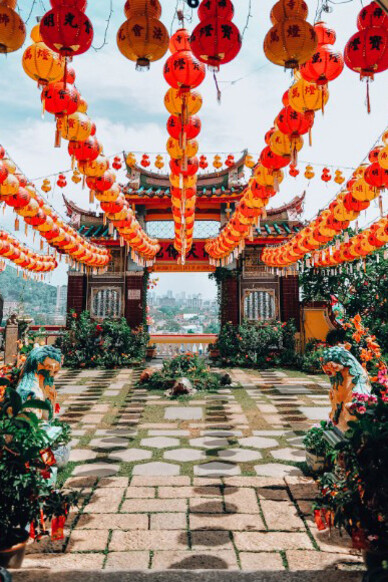 Red and yellow Chinese lanterns at Kek Lok Si Temple in Air Itam, Penang, Malaysia