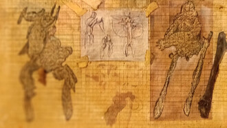 Rolando Castellón; Hoja suelta, 1994. Dibujo, tierra, objetos sobre papel milimétrico (detalle). Cortesía de la Colección Virgina Pérez-Ratton