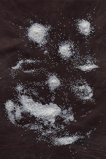 Memory Board 4
2019
4mm artificial pearl beads, adhesive, ballpoint pen on paper 105 x 75 cm. Courtesy of the artist and Gallery Baton