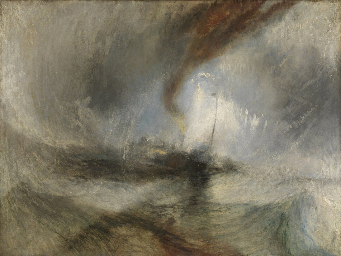 Joseph Mallord William Turner (British, 1775 - 1851). Title/Date: Snow Storm: Steam-Boat off a Harbour's Mouth, exhibited 1842. Culture: British. Medium: Oil on canvas. Dimensions: Unframed: 91.4 x 121.9 cm (36 x 48 in.). Framed: 123.3 x 153.5 x 14.5 cm (48 9/16 x 60 7/16 x 5 11/16 in.). Accession No. EX.2015.3.18. Object Credit: Tate: Accepted by the nation as part of the Turner Bequest 1856. Repro Credit: Photo © Tate, London 2014