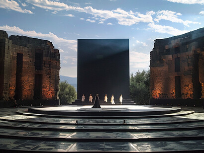 Immagine Midjourney rielaborata, nei teatri classici di Siracusa, Pompei e nel teatro Andromeda